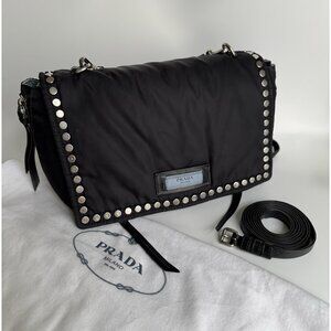 Prada Tessuto Etiquette Bag Nylon Leather Studded Crossbody Shoulder Flap